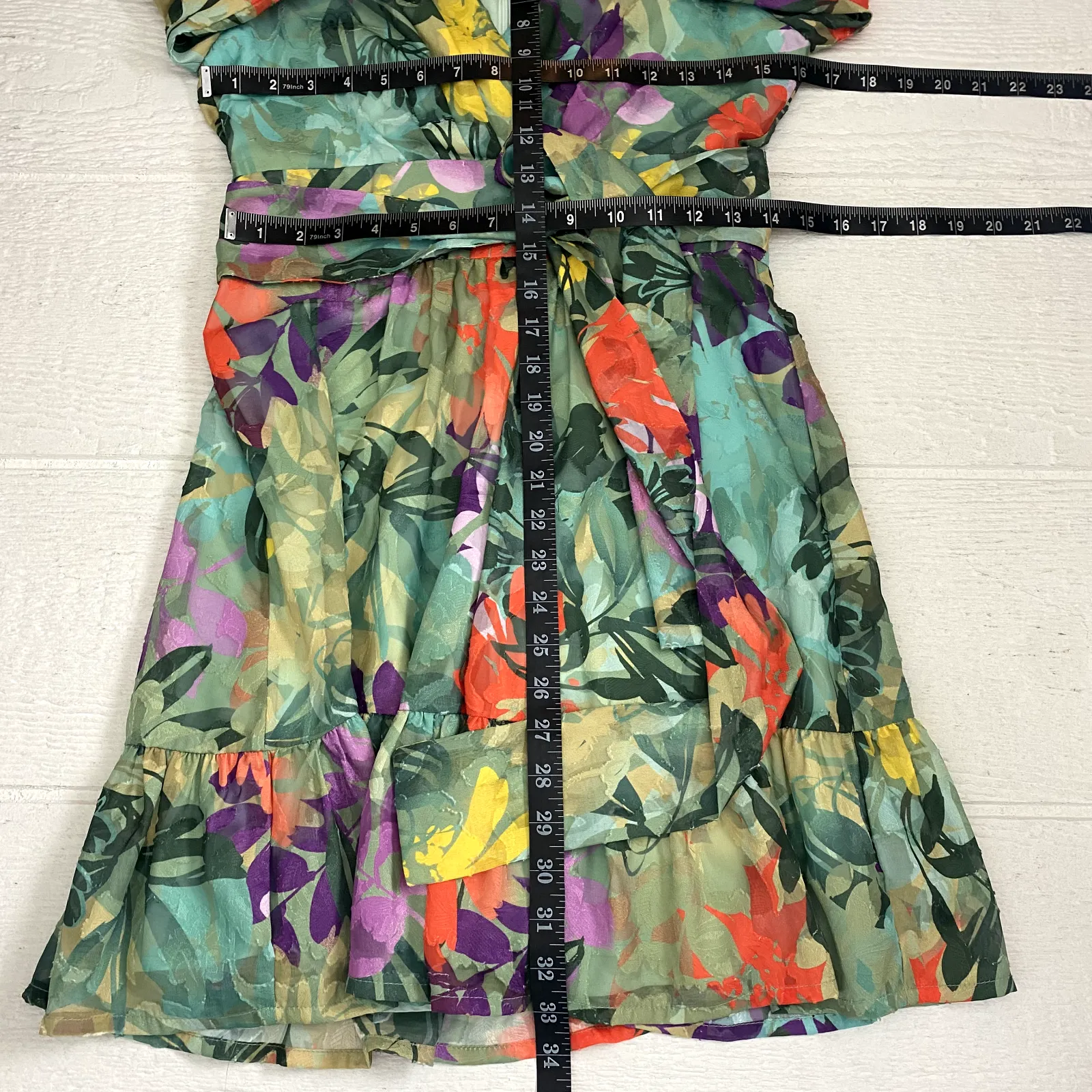 Alex Marie Women Dress 2P Simone Tropical Sage Floral Vibrant Sheer Puff Sleeves - Image 8