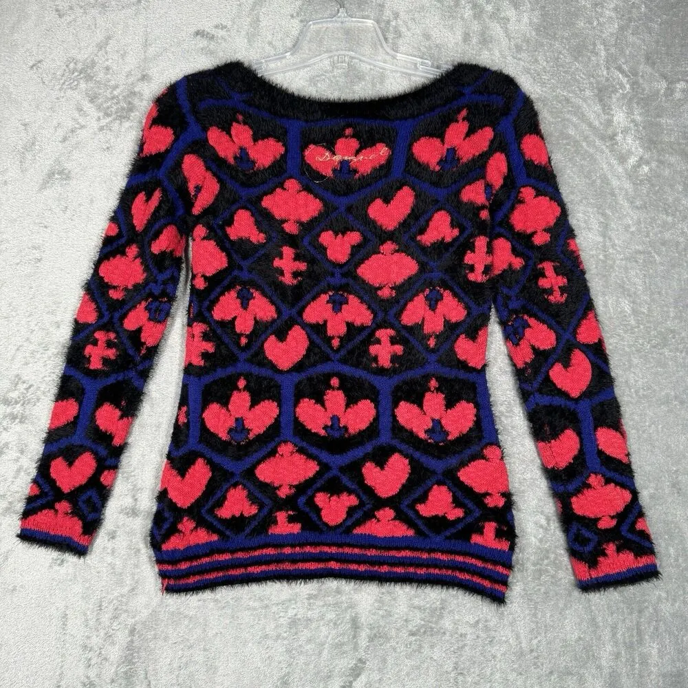 Desigual Sweater Women Small Pink Black Fuzzy Fleur de Lis Casual Colorful Artsy - Image 3