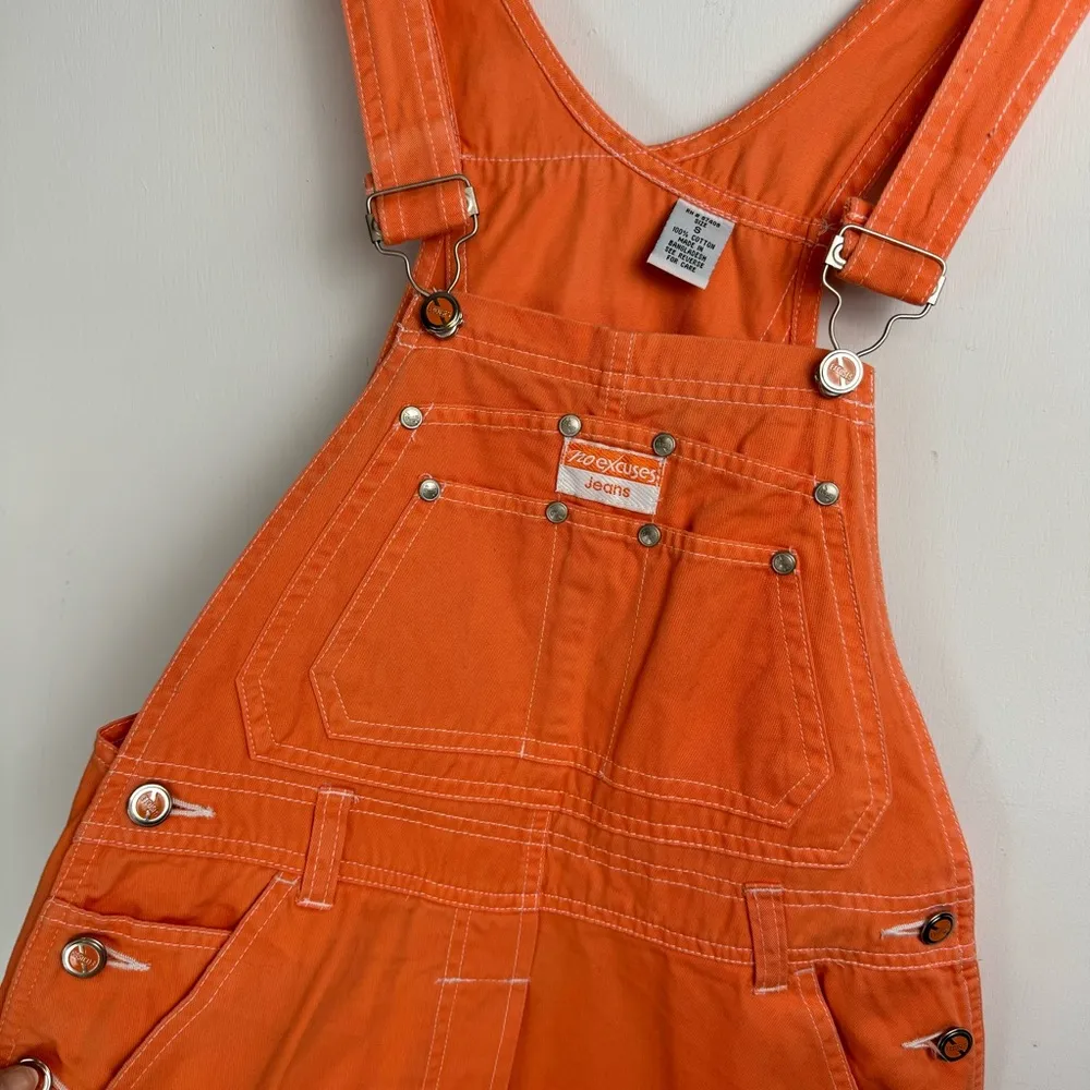 Vtg Y2K No Excuses Bib Shortalls Sz Small Bright Orange Cotton Denim Utility - Image 6