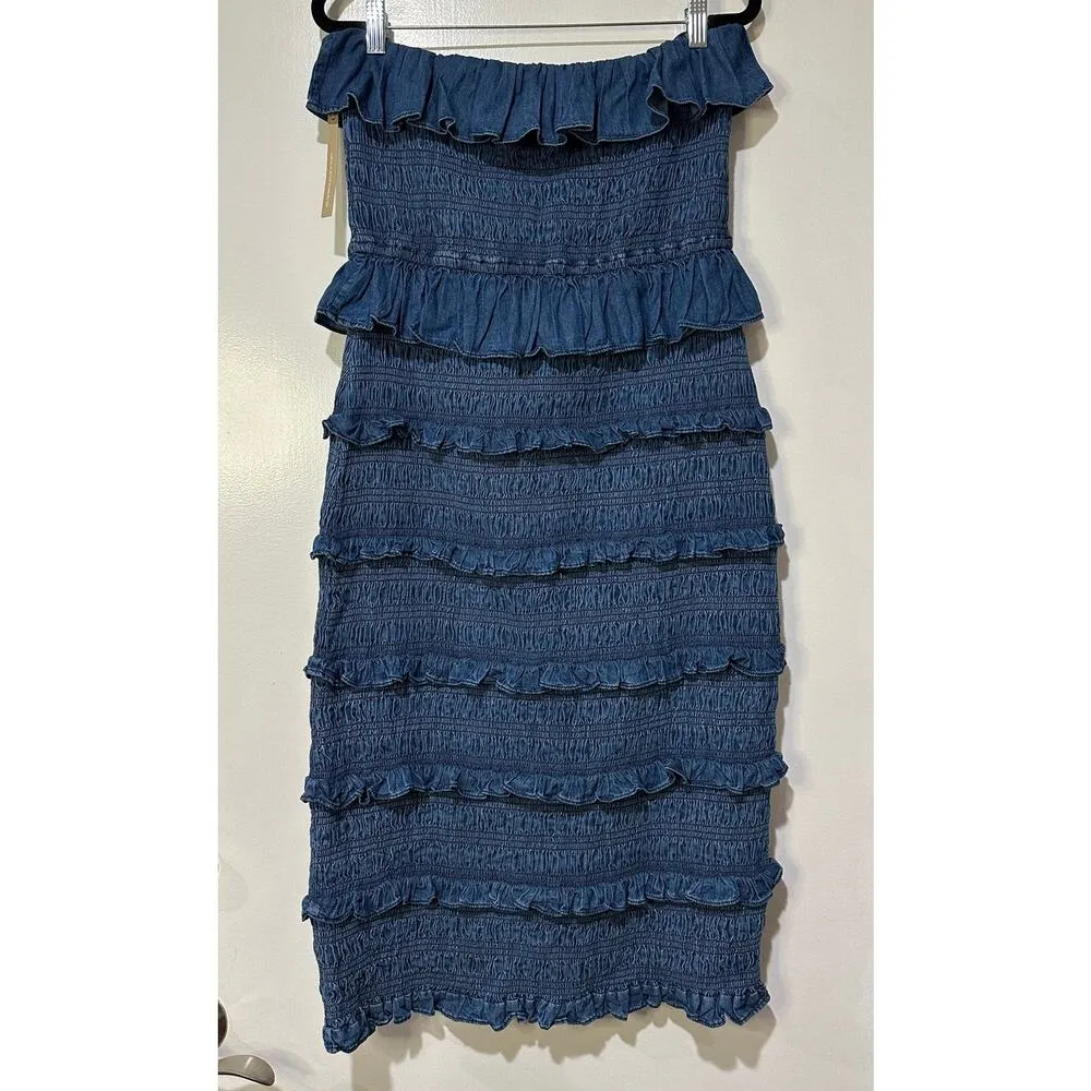 Cleobella Ezra Midi Dress Classic Blue Size Large NWT Strapless Smocked Bodice - Image 9