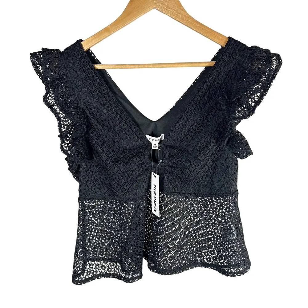 Steve Madden Keyhole Flutter Ruffles Sleeveless Top Size Medium Black - Image 2