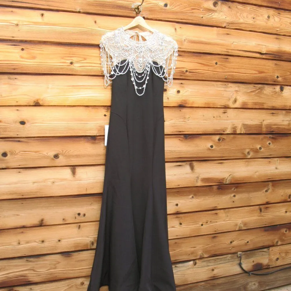 MAC DUGGAL 11775 Black Draped Pearl Beaded Mermaid Gown Dress - Image 7