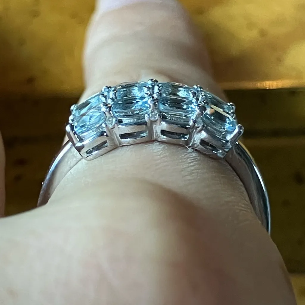 Natural Aquamarine White Diamond Sterling Silver Ring Size 8.75 - Image 2