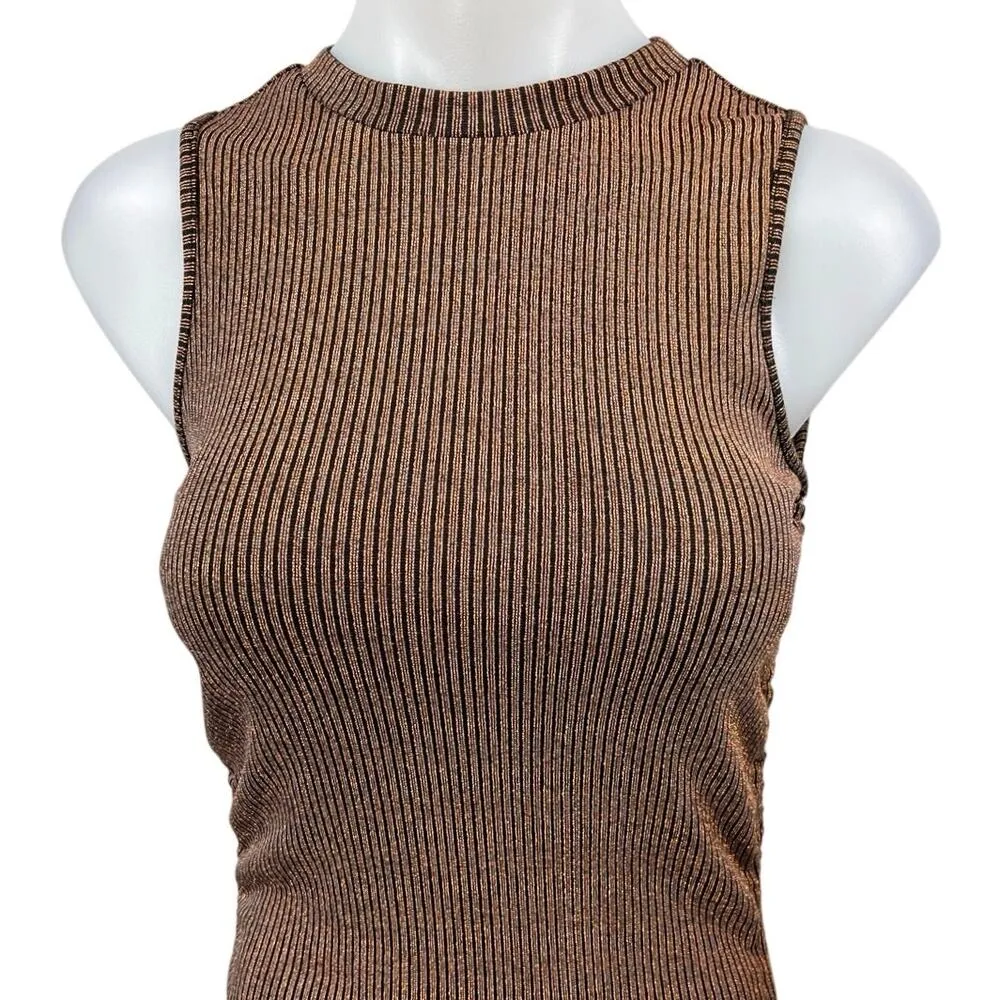 DNT Brown Metallic Rib Knit Sleeveless Ruched Tie Cami Midi Bodycon Tank Dress S - Image 3