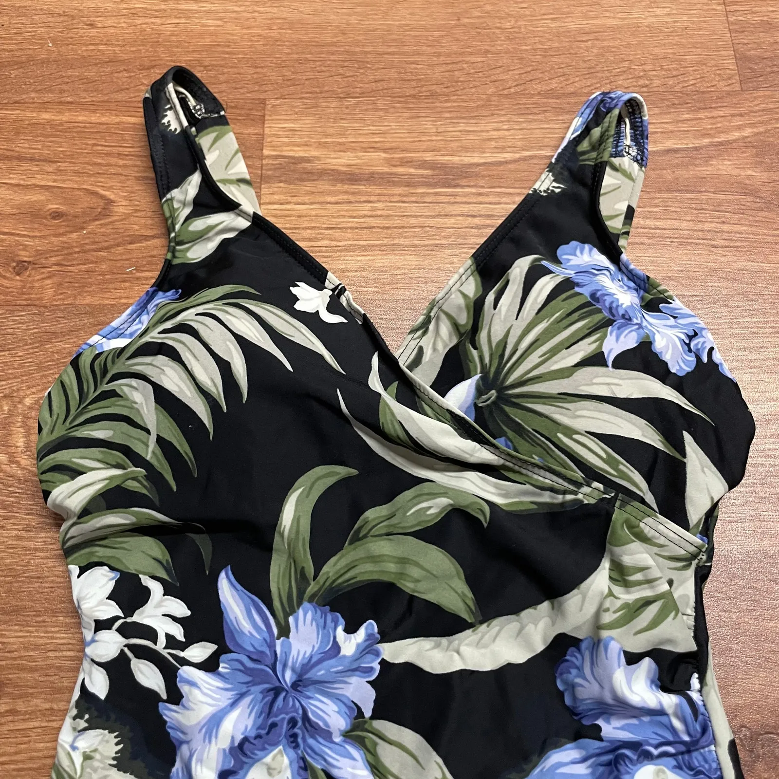 Lands End Womens Black Blue Green Floral Wrap Front One Piece Swim Suit Size 10 - Image 3