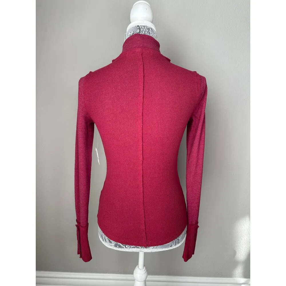 FREE PEOPLE Long Sleeve Mock Neck Studded Sleeve Red Thermal Top Tee Size XS - Image 3