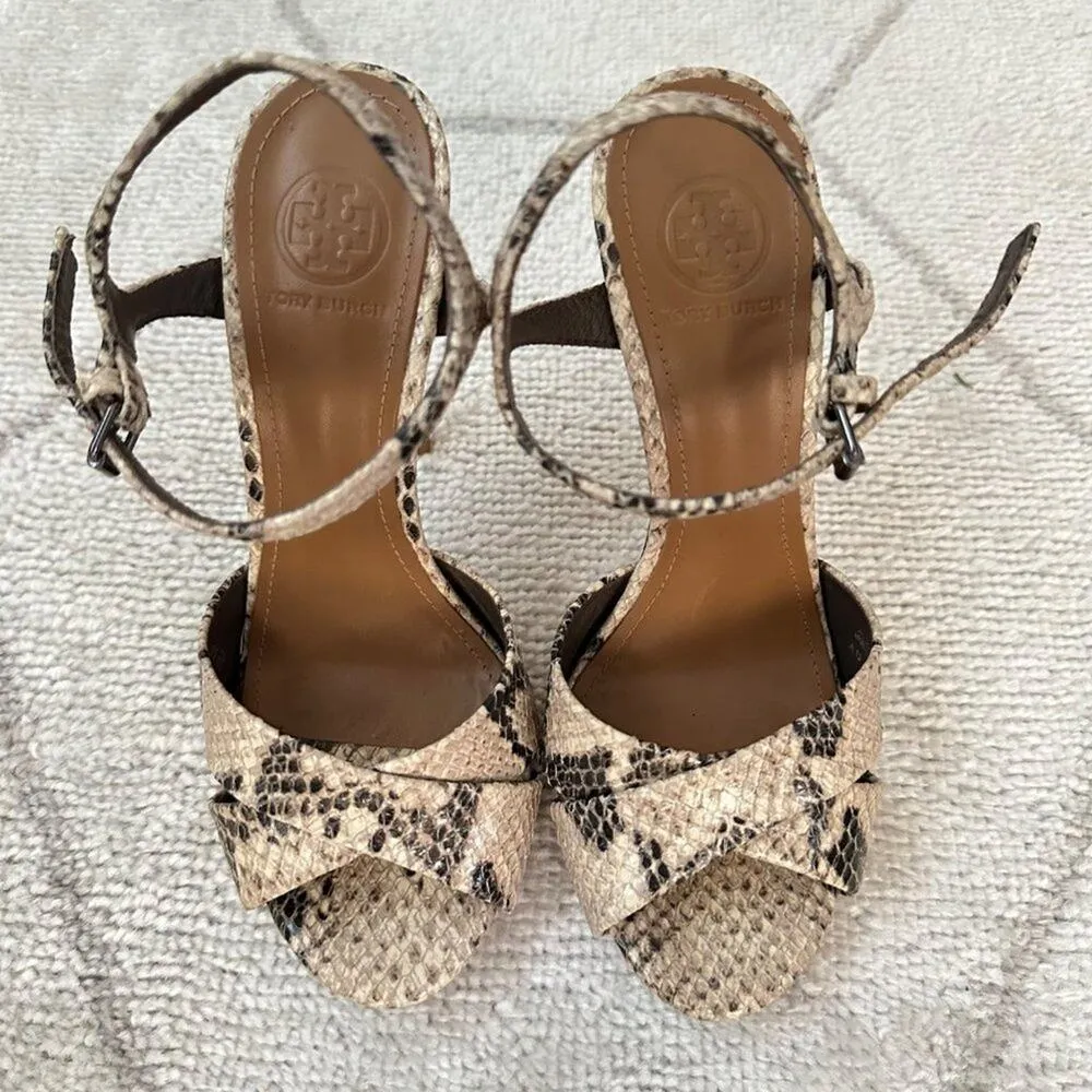 Tory Burch Tan/Brown/Cream Snakeskin Leather Criss Criss Open Toe Heels - Image 4