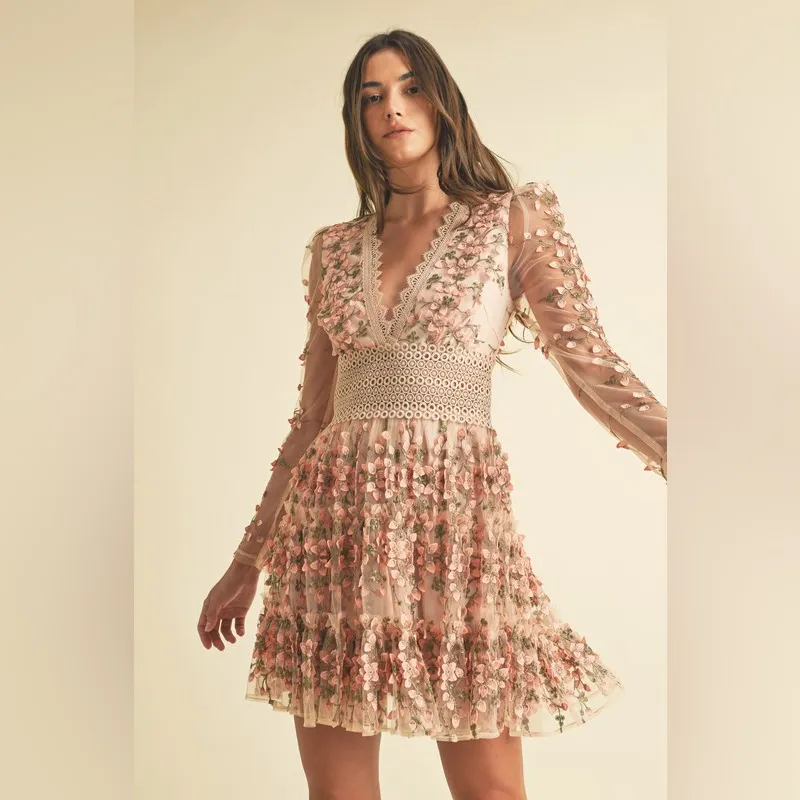 Floral Embroidered Pink Dress Size L - Image 5