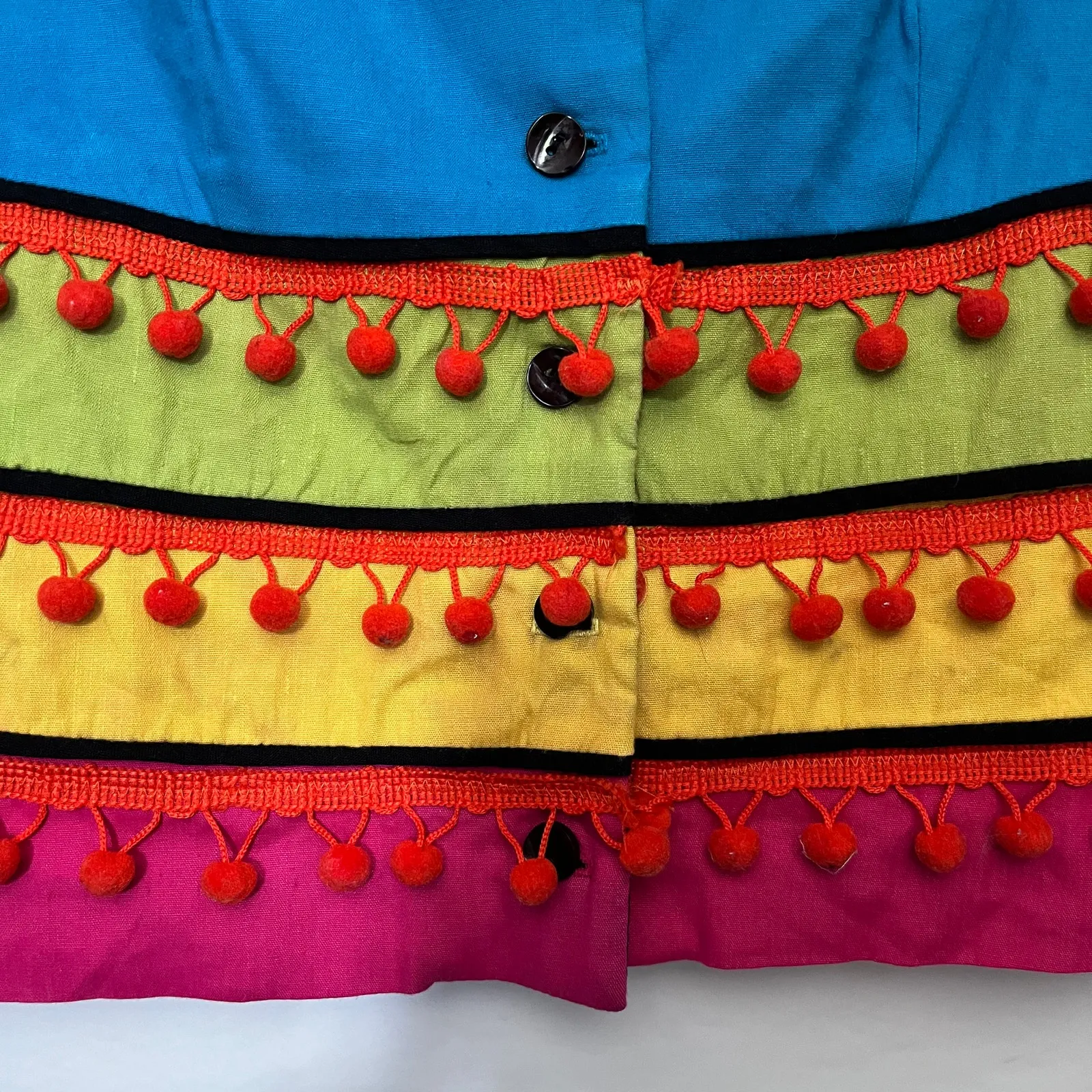 Vtg 90s Sharon Young Pom Pom Womens Vest 12 Linen Colorblock Boho Festival Artsy Blue - Image 10