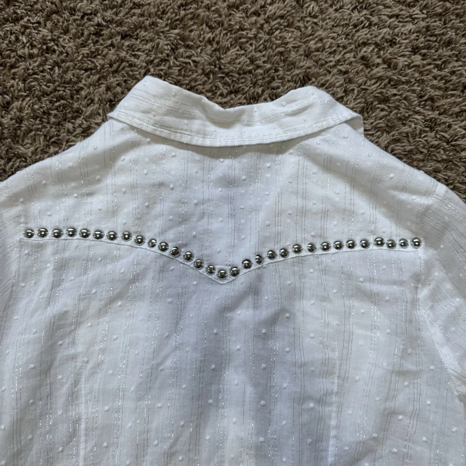 Roper Women M Western Cowgirl Shirt Pearl Snap Embroidered White Silver Metallic Size M - Image 6