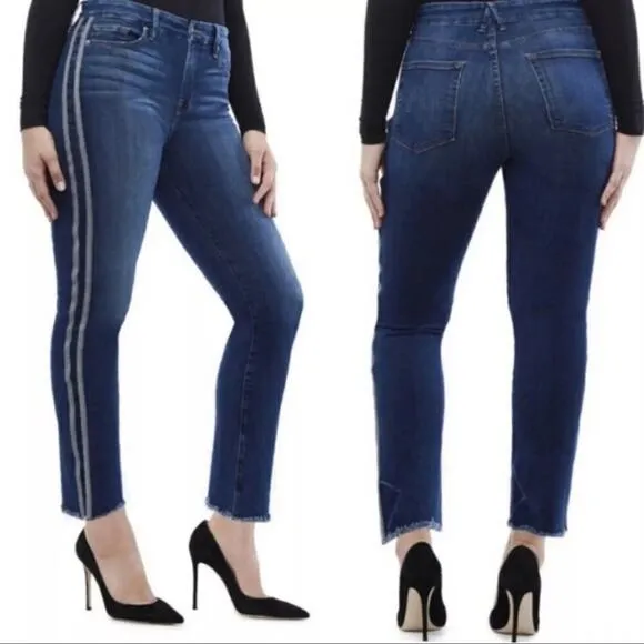 Good American Good Straight Jeans Side Stripe Raw Hem Dark Blue Size 20 - Image 2