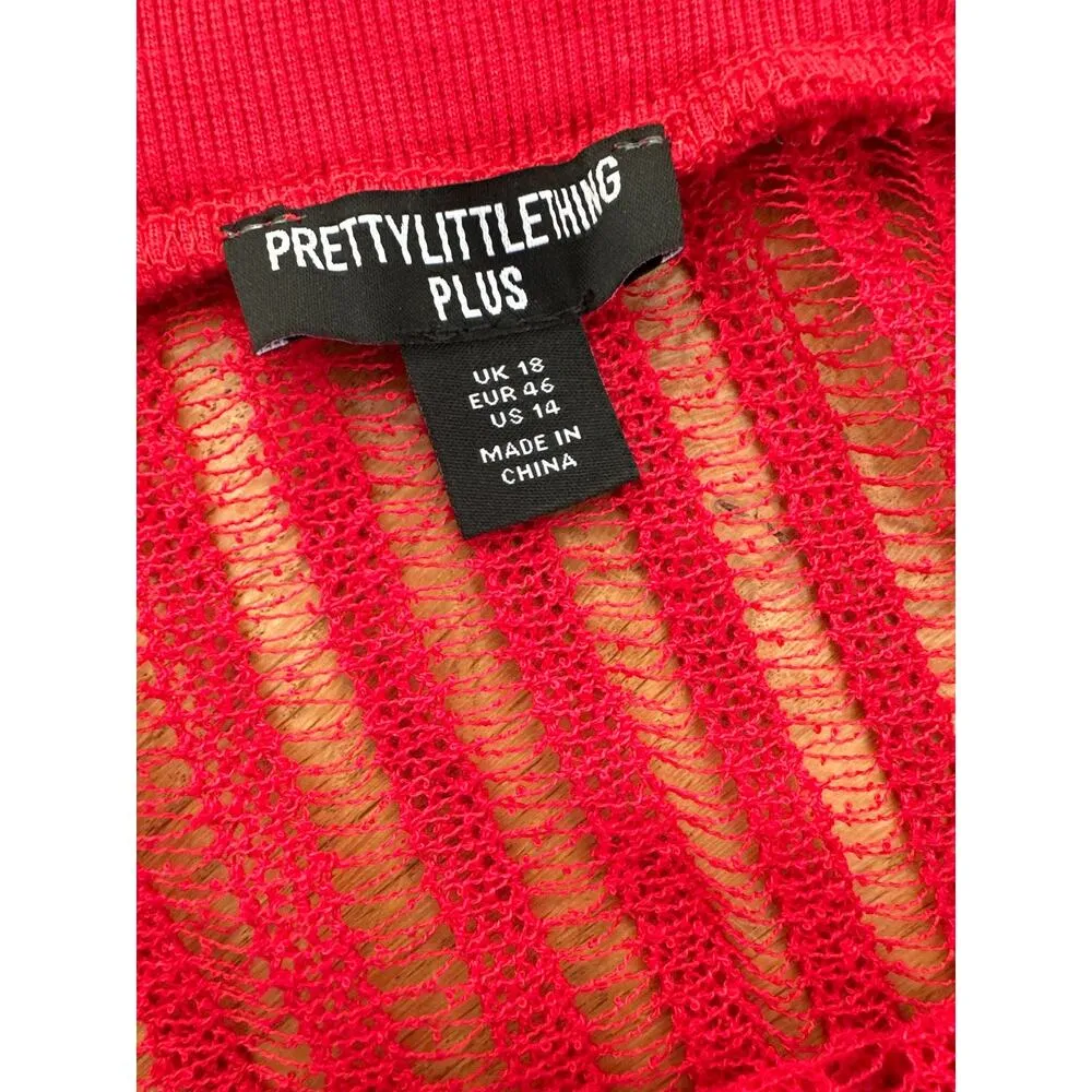 PrettyLittleThing Plus - Distressed Ladder Detail Knit Top & Midi Skirt in Red - Image 3