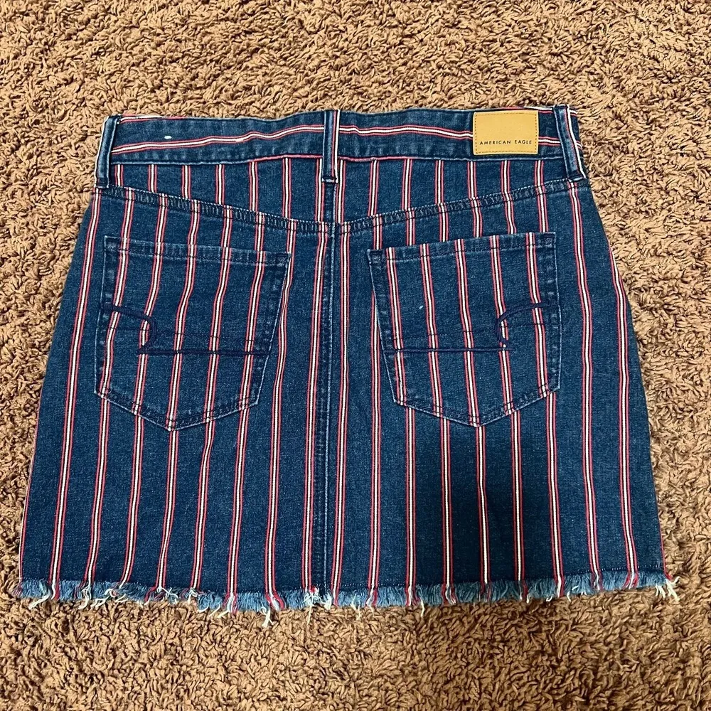 American Eagle Womens Mini Skirt Striped Denim Cotton Hi Rise Raw Hem 6 Blue Red - Image 3