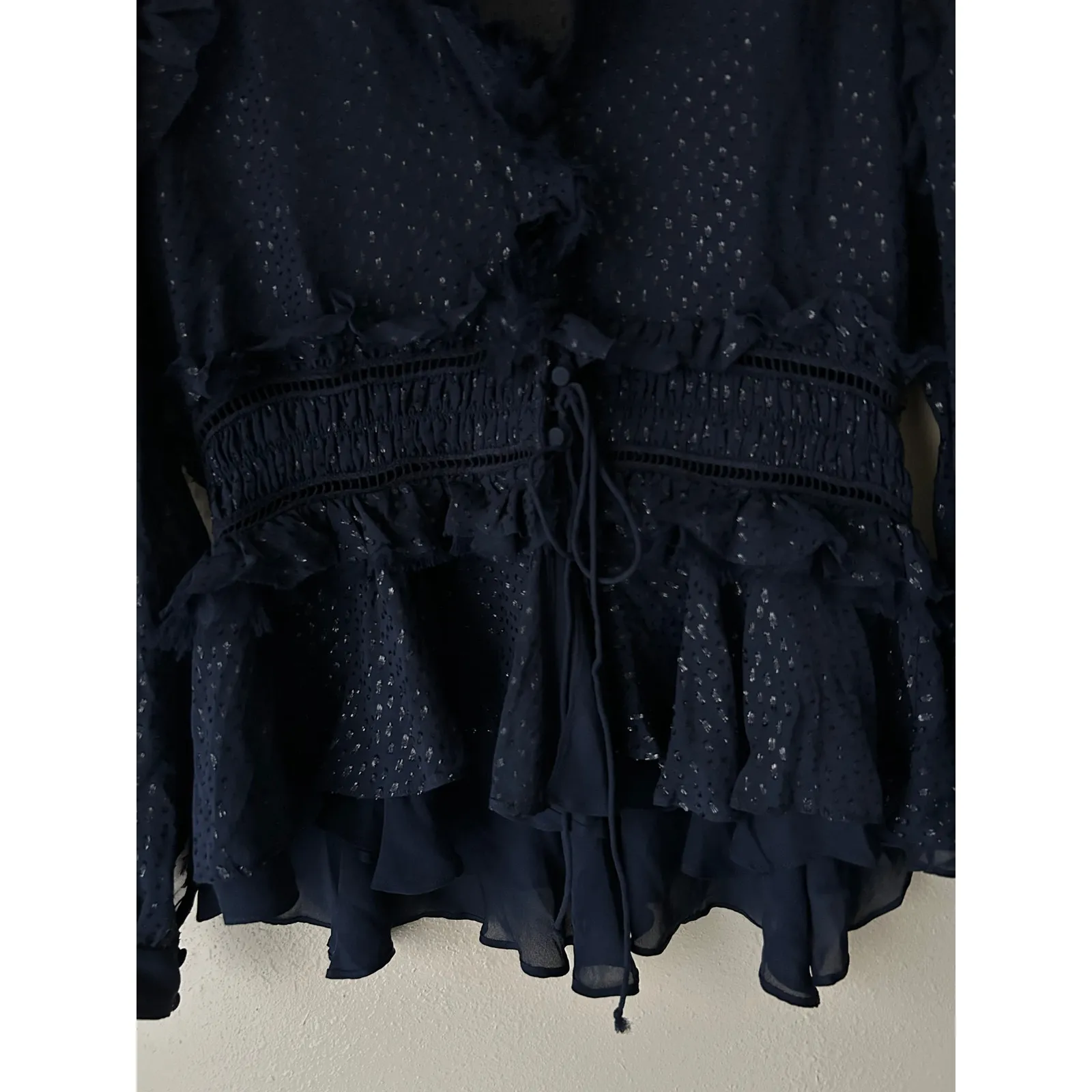 Johnathan Simkhai Navy Semi Sheer Chiffon Ruffle Blouse Size Medium Blue - Image 9