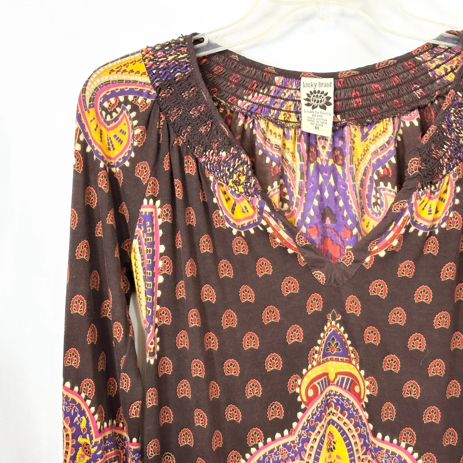 Lucky Brand XS‎ Top VTG Y2K Hippie Paisley Smocked Brown Lotus Grunge Boho 1309 - Image 3
