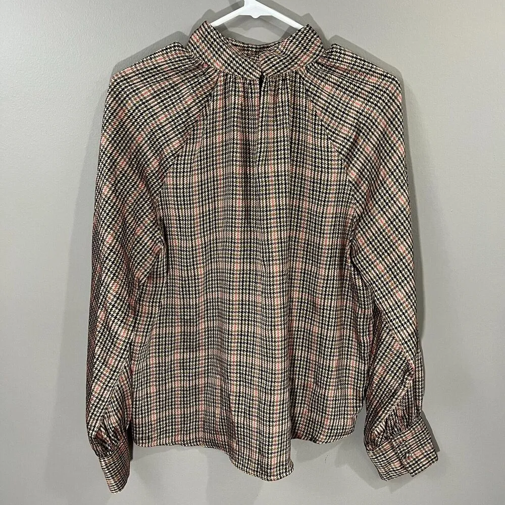 ZARA Houndstooth Pattern High Neck Long Sleeve Button Cuff Blouse Sz M EUC - Image 6