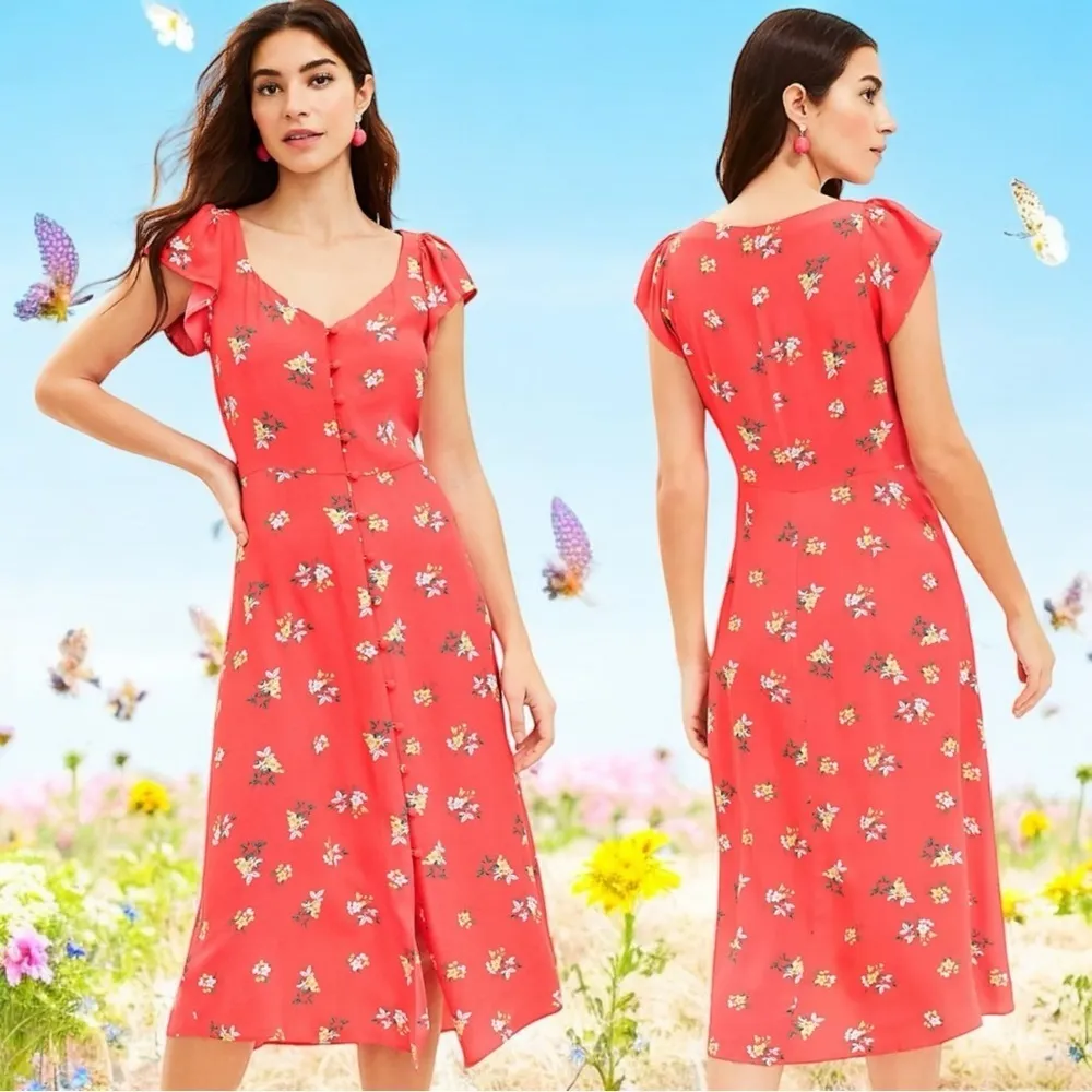 NEW LOFT Ann Taylor Floral Crop Ruffle Sleeve Midi Dress Summer Spring Size‎ 4P - Image 2