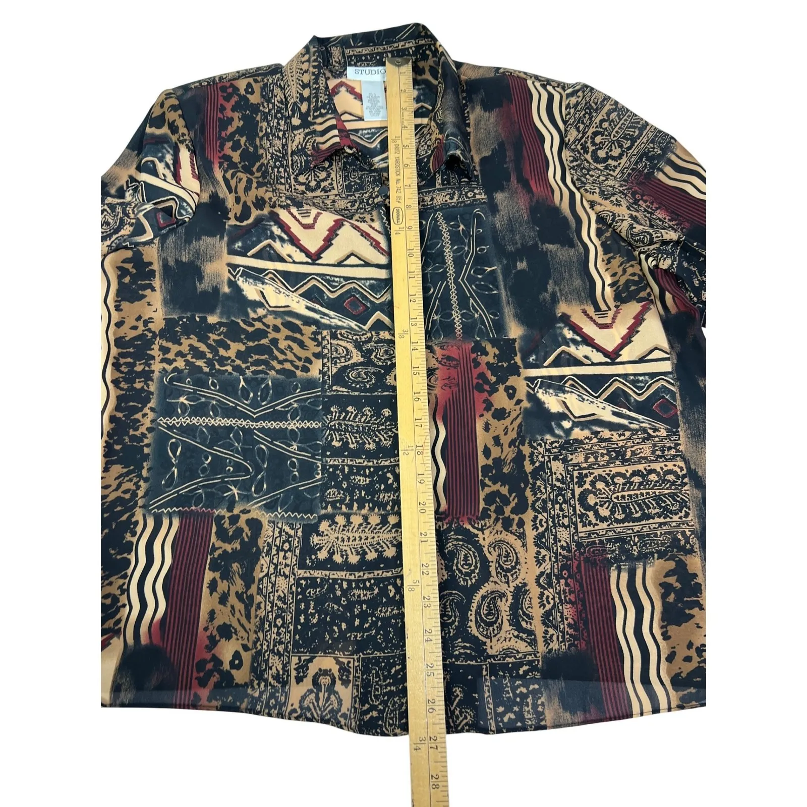 NWT STUDIO I Women's Size 18 Patchwork Print Long Sleeve Button Up Shirt Top - Image 6
