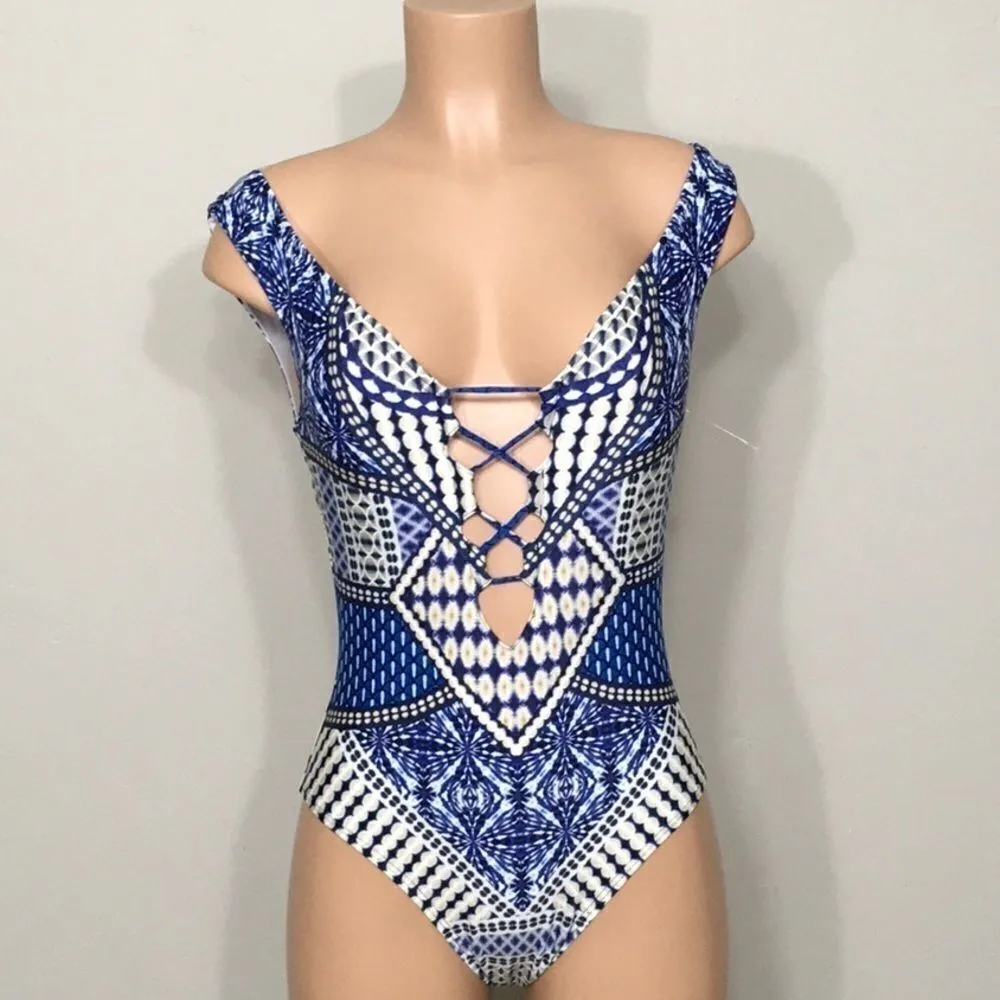 Kenneth Cole blue tummy control Plunge swimsuit - Image 8