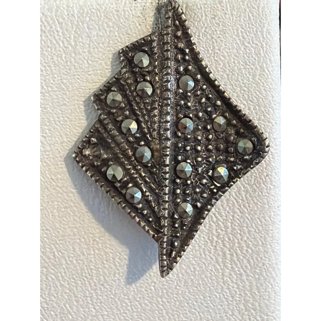 Vtg Sterling Silver Marcasite Leaf Pierced Earrings Fan MCM 1" Estate 4.85g READ - Image 2