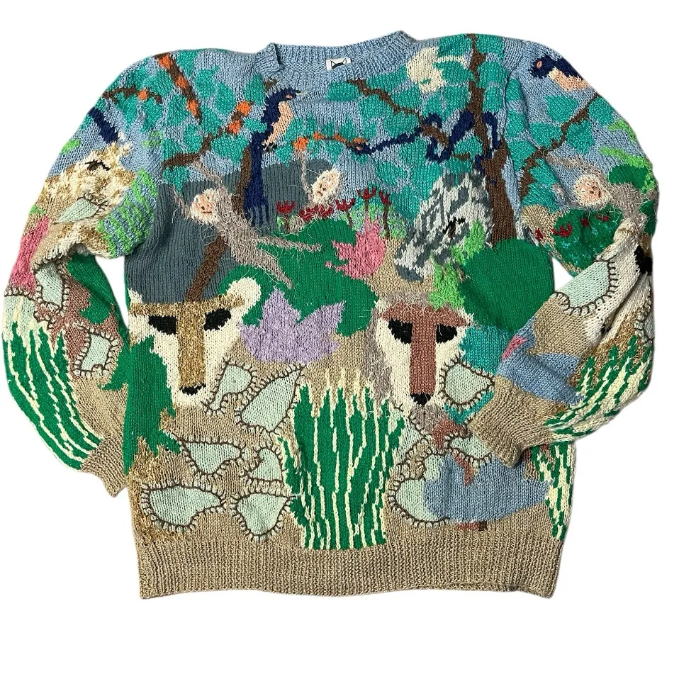 MABEL’S Colorful Sweater Crew Neck Pastel Animals Scenic Novelty Top VINTAGE 80s Blue Size L - Image 3
