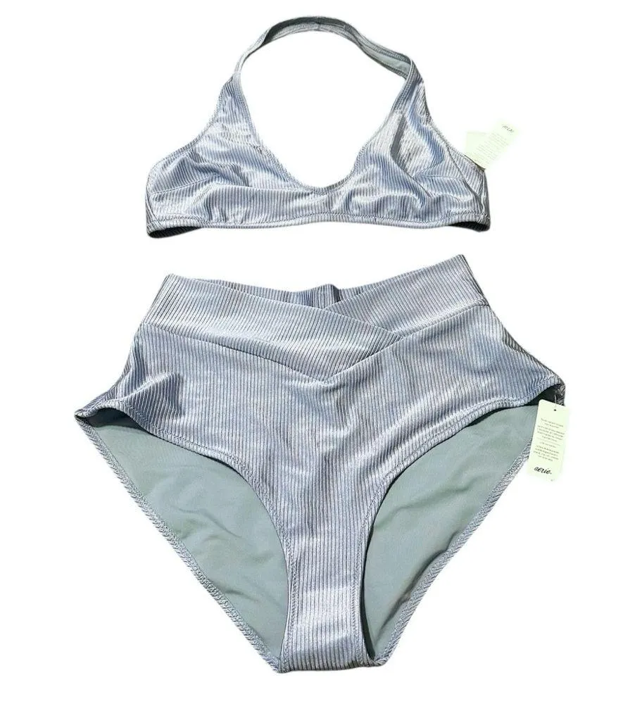 NWT AERIE Blue Shine Rib Crossover High Waist & Halter Rib Top Bikini Set Large - Image 3