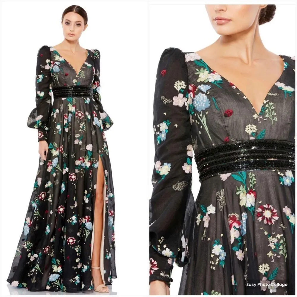 NWOT Mac Duggal 79361 EMBROIDERED BISHOP SLEEVE V NECK FLOWY GOWN Black Size 4 - Image 2