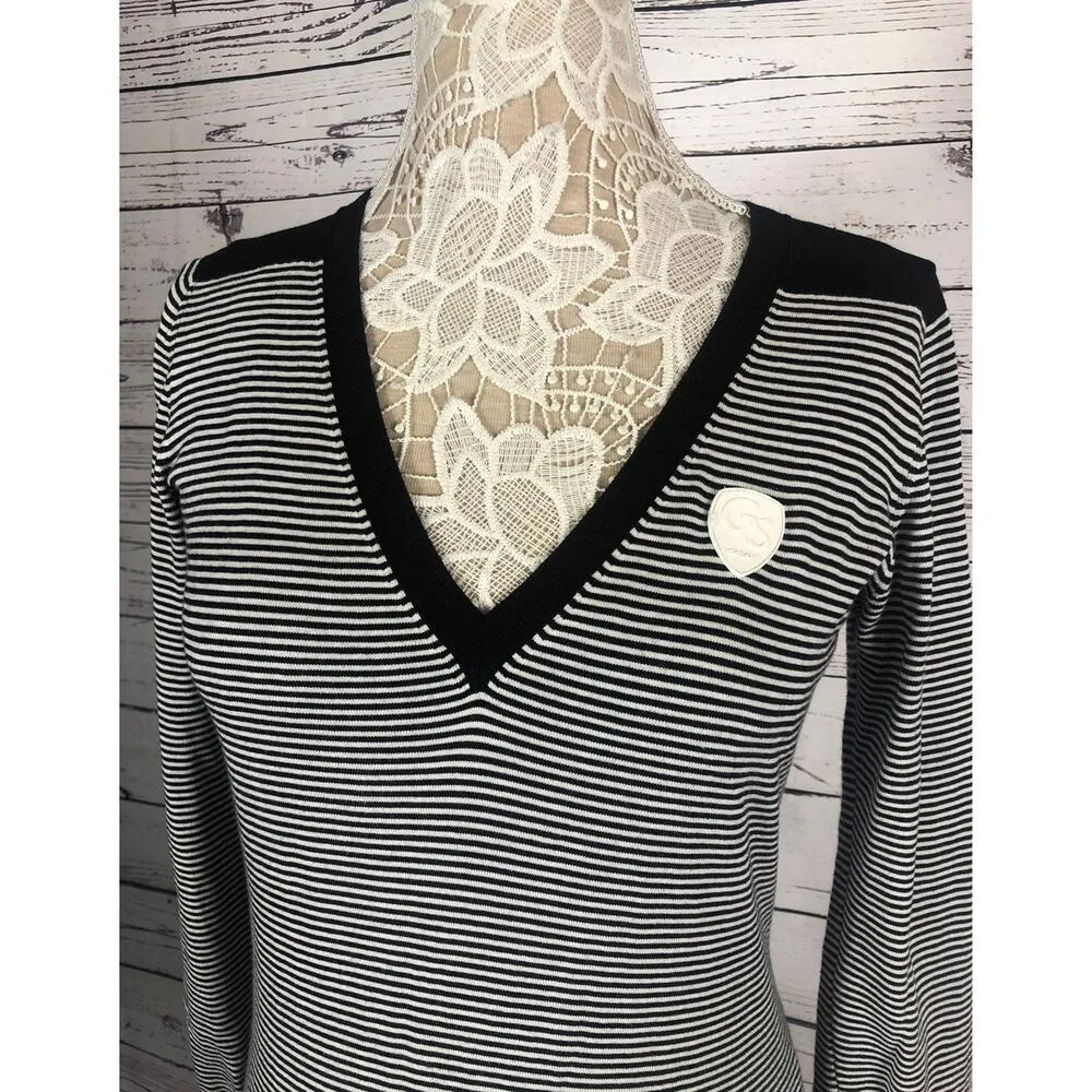 G - Star Raw V neck sweater striped black & white long fitted size large - Image 4