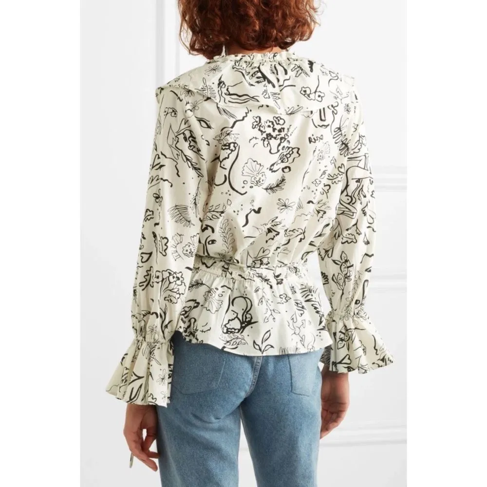 RIXO Laura Jackson Roisin Wrap Top Abstract Art Print Blouse Size XS White - Image 2