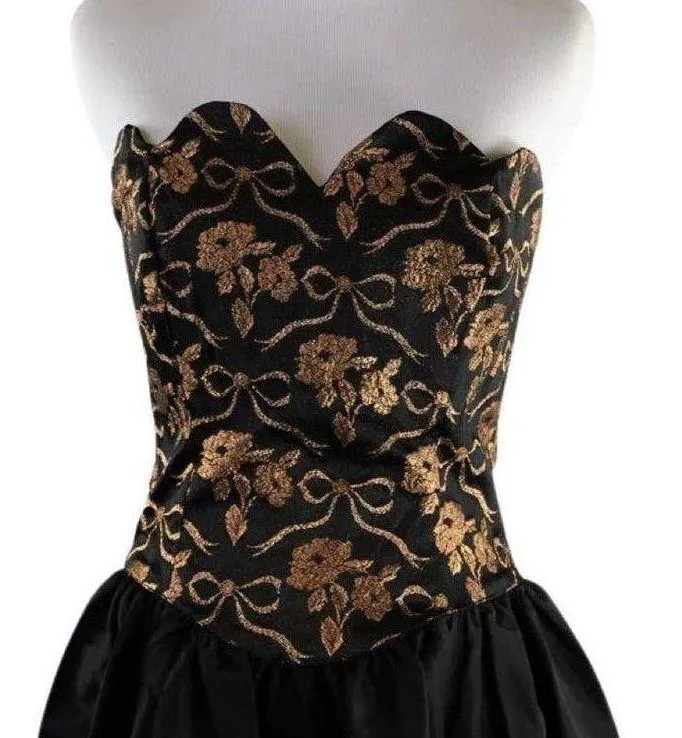 Gunne Sax Vintage 1980s Black and Copper Metallic Floral SM/MED - Image 2