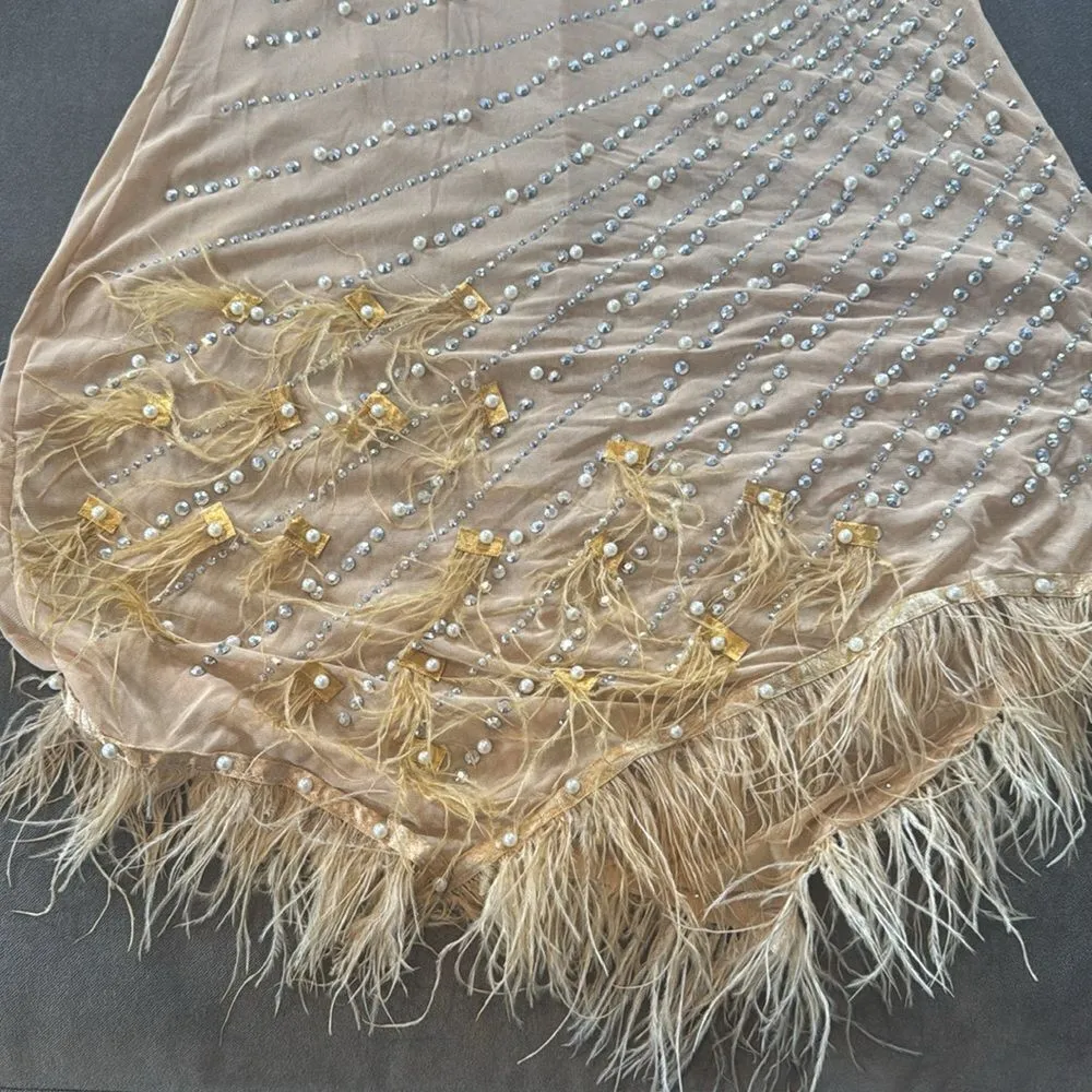 Women’s Sheer BodyCon Mini Dress Rhinestones Faux Pearls & Feathers Size S - Image 13