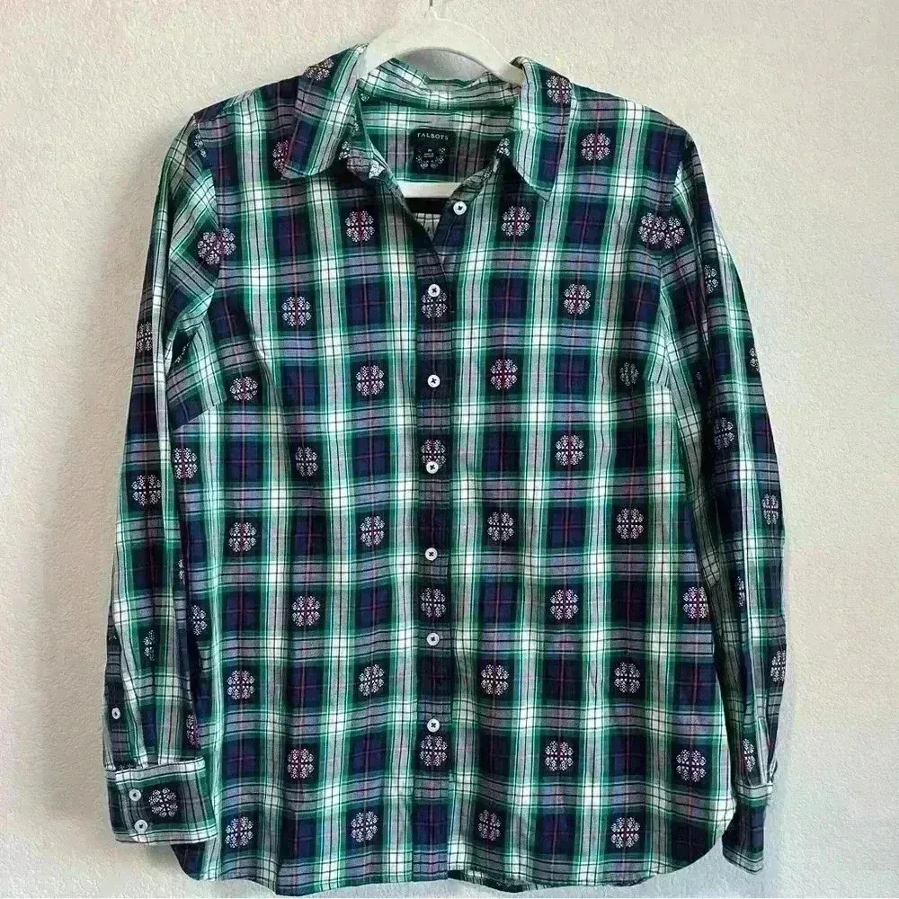 Talbots Navy Blue Green Red Plaid Snowflake Long Sleeve Button Up Dress Shirt XL - Image 4
