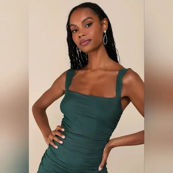 Lulus Amazing Presence Dark Green Mesh Ruched Column Maxi Dress Size XL - Image 6