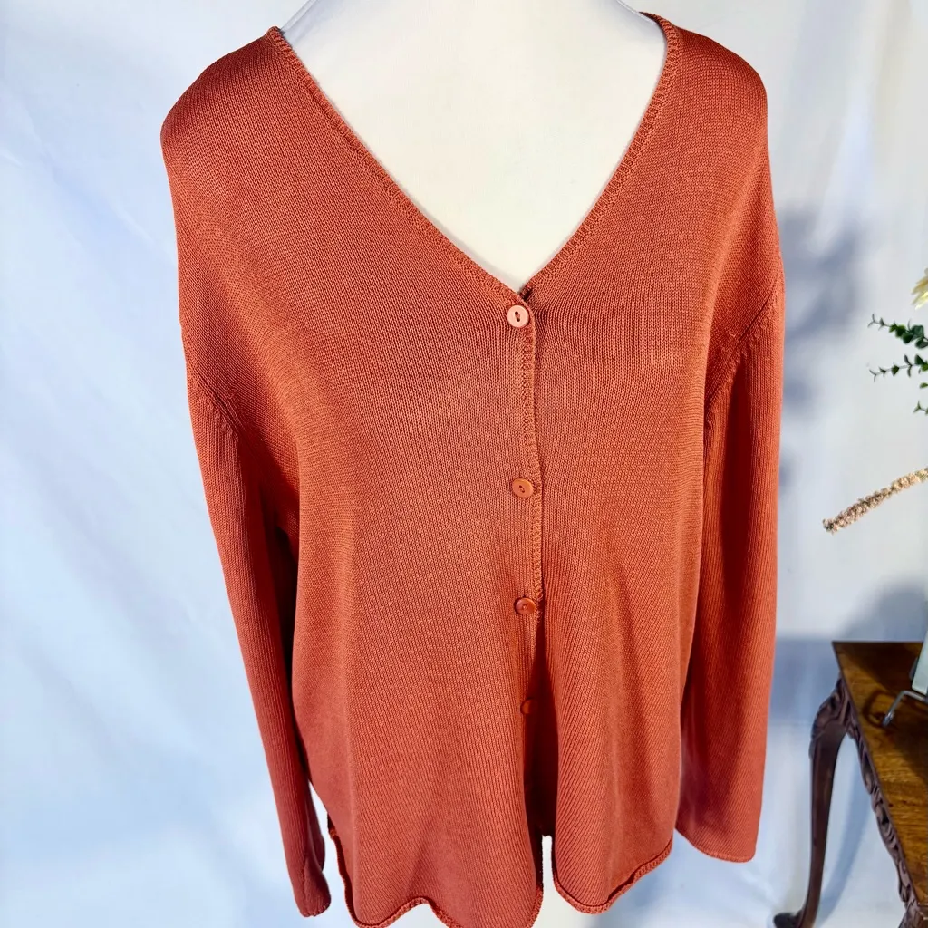 Eileen Fisher Fine Organic Cotton Cardigan ~ Burnt Coral Size 2X🧡 - Image 2