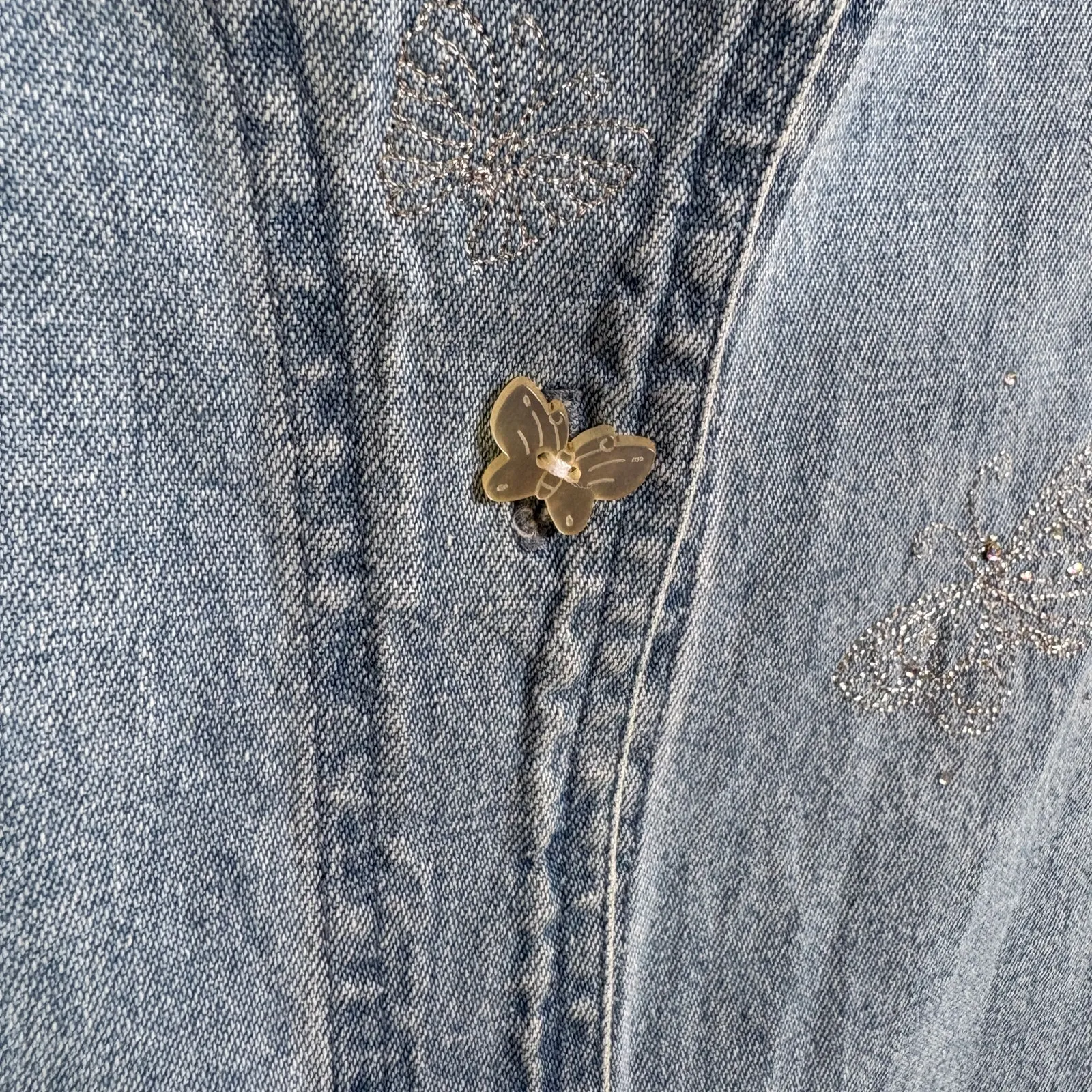 Vintage Denim Butterfly Vest Bedazzled Garden Lightwash Jean Top Coastal Grandma Blue Size XL - Image 5