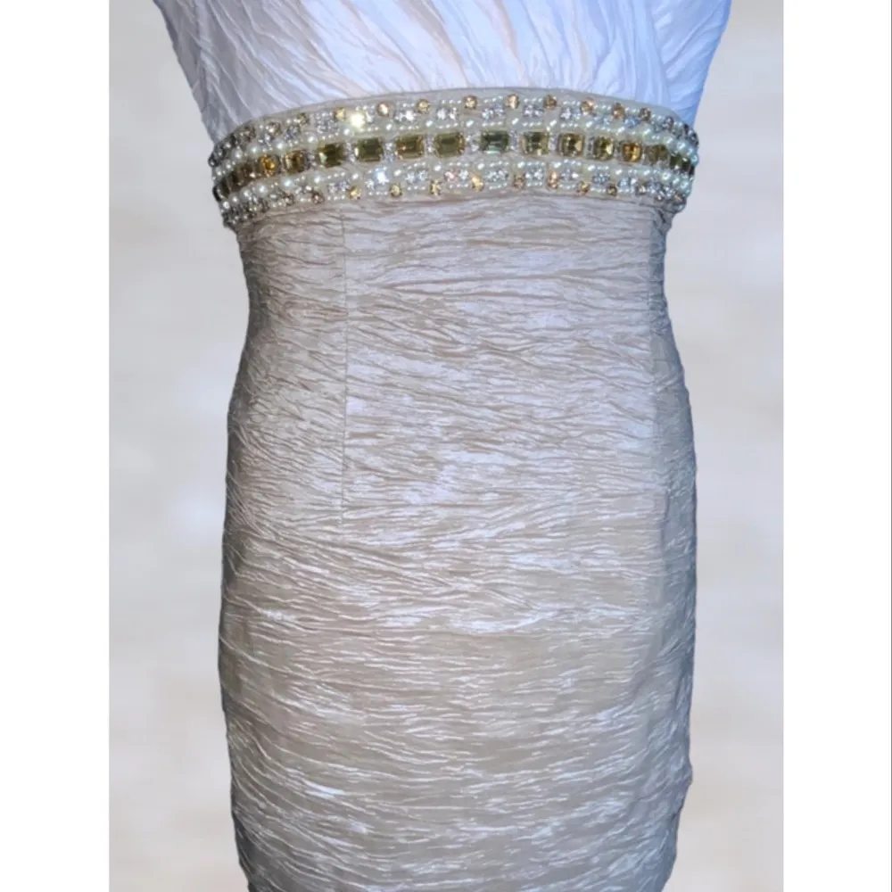 Cream Taupe Crinkled Taffeta Jeweled Waist Double V Knee Length Dress 12 - Image 8