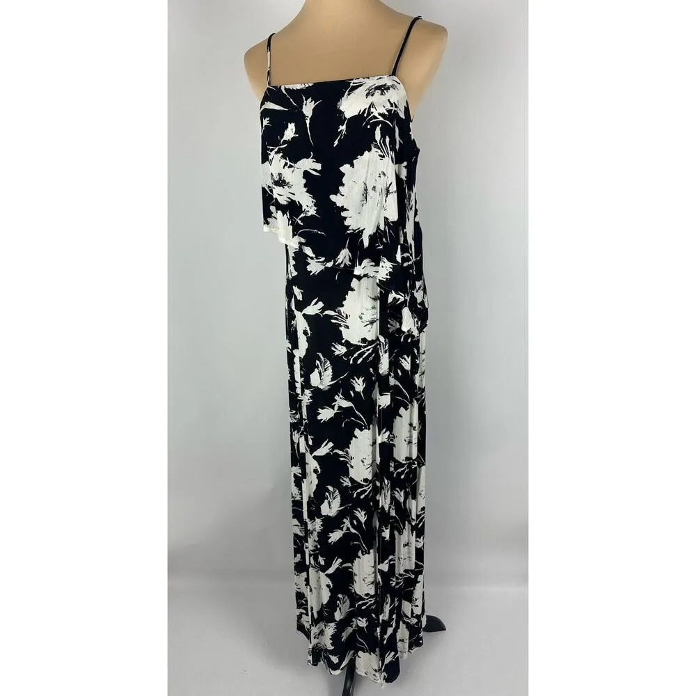 Rokoko Size Small Black and White Floral Maxi Dress Spaghetti Straps Drape Slit - Image 4
