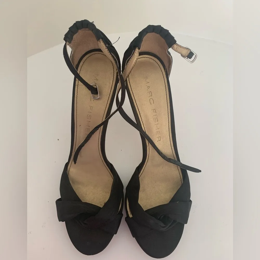 Marc Fisher Black Satin Ankle Strap Sandal Heel - Image 2
