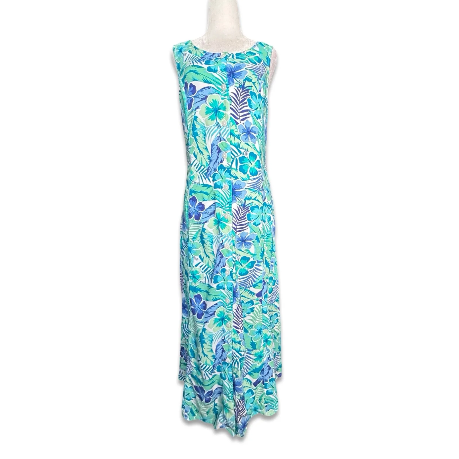Vintage Teal Tropical Floral Maxi Dress Sleeveless Button Front Rayon Vacation Blue - Image 10