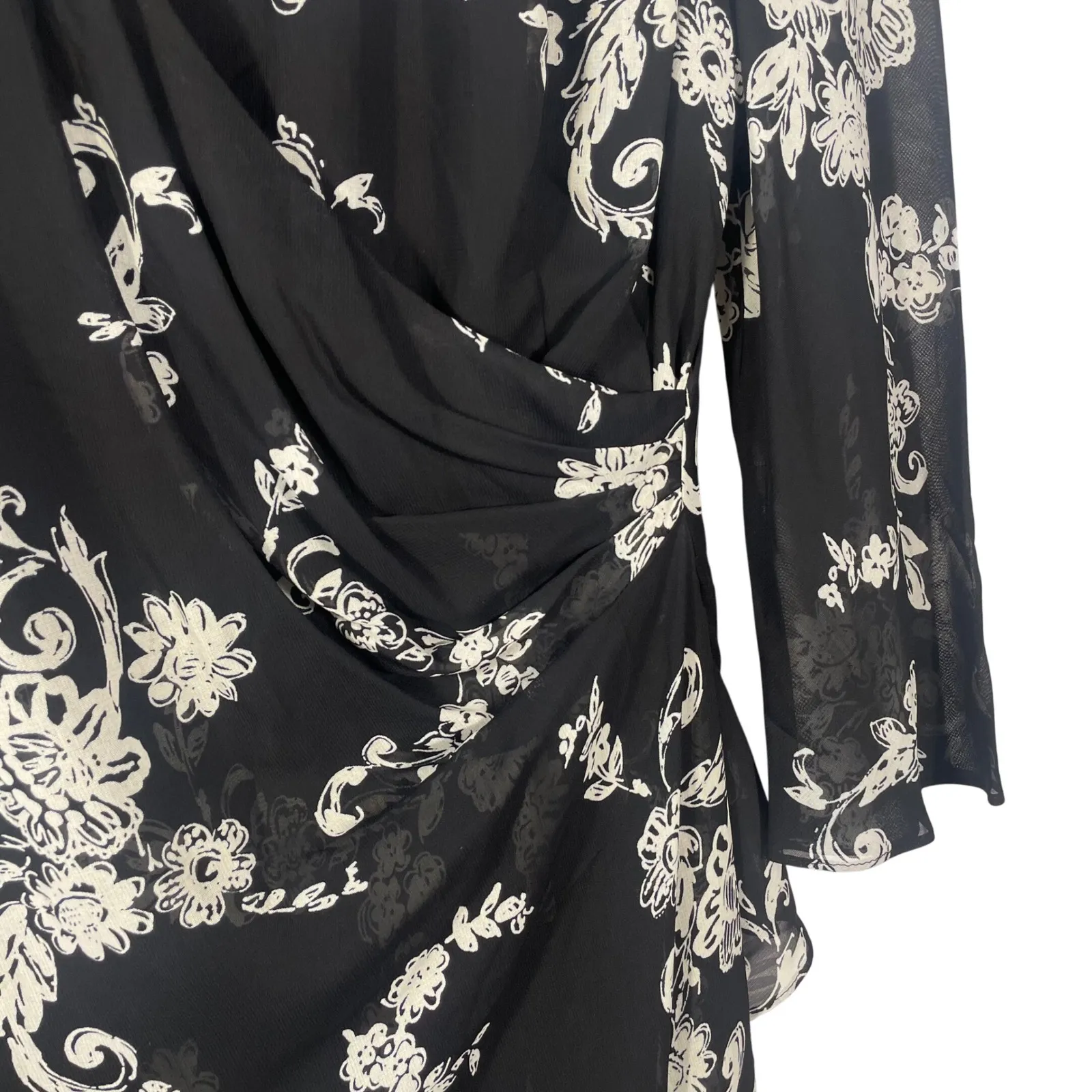 Vtg Donna Ricco‎ New York Black White Floral Print Midi Dress Women's 14 Draped - Image 2