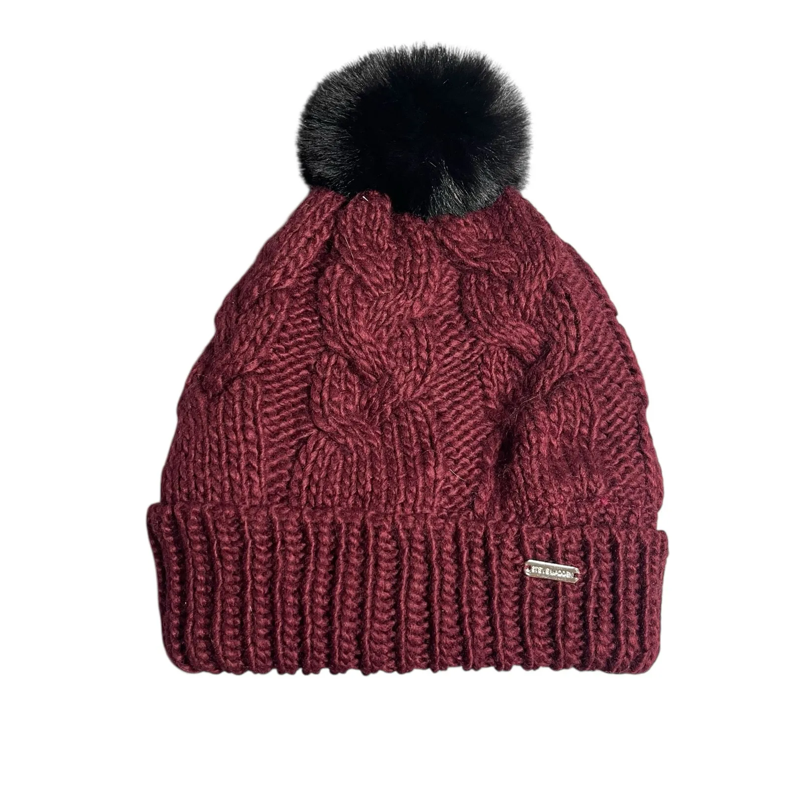 Steve Madden Women's Red Black Cable Knit Cuffed Winter Pom Pom Beanie Hat OS - Image 2