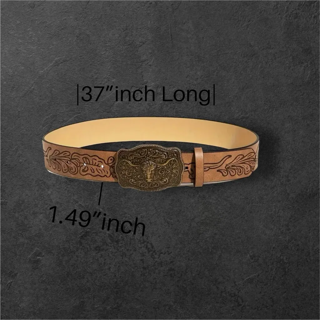 Western Bull Head Buckle Unisex Belt Vintage Embossed Brown PU Leather Belt Size M - Image 8