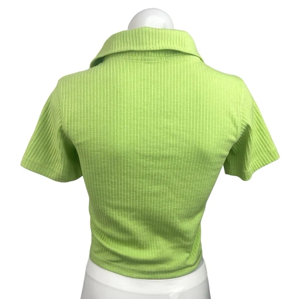 Pretty Little Thing Green Rib Double Zip Collared Short Sleeve Polo Crop Top 10 - Image 2