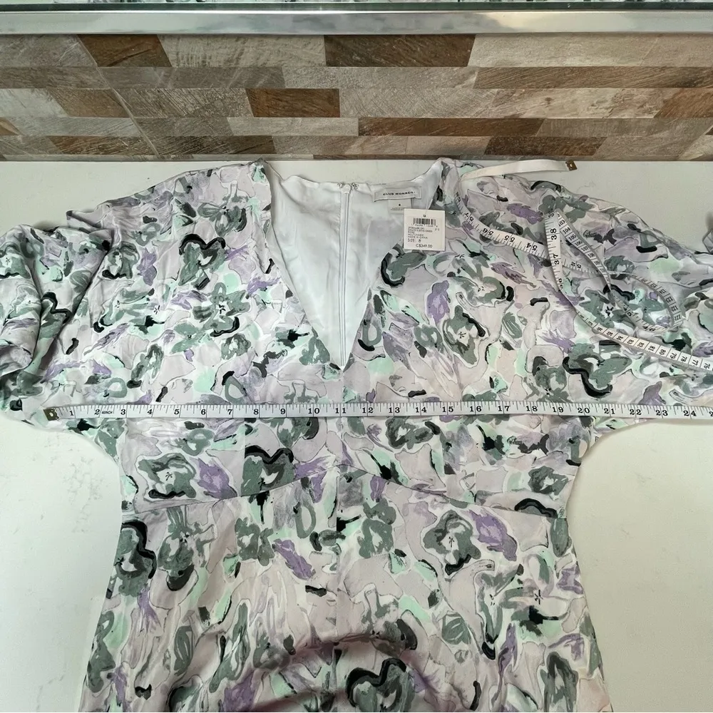 Club MONACO Drape Sleeve Midi Dress Abstract Floral Purple Gray Black Sz 8 NWT - Image 12