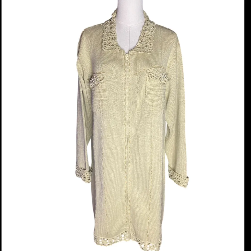 Vtg Storybook Knits 1X NWOT Ivory Duster Cardigan Ramie Cotton
Pearl Crochet Zip Size XL - Image 7
