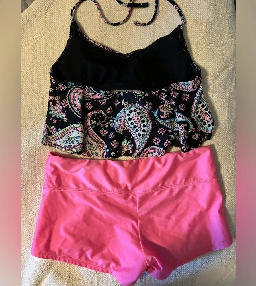 Bathing Suit Swimsuit Set Black Paisley Top Pink Boyshorts - Image 2
