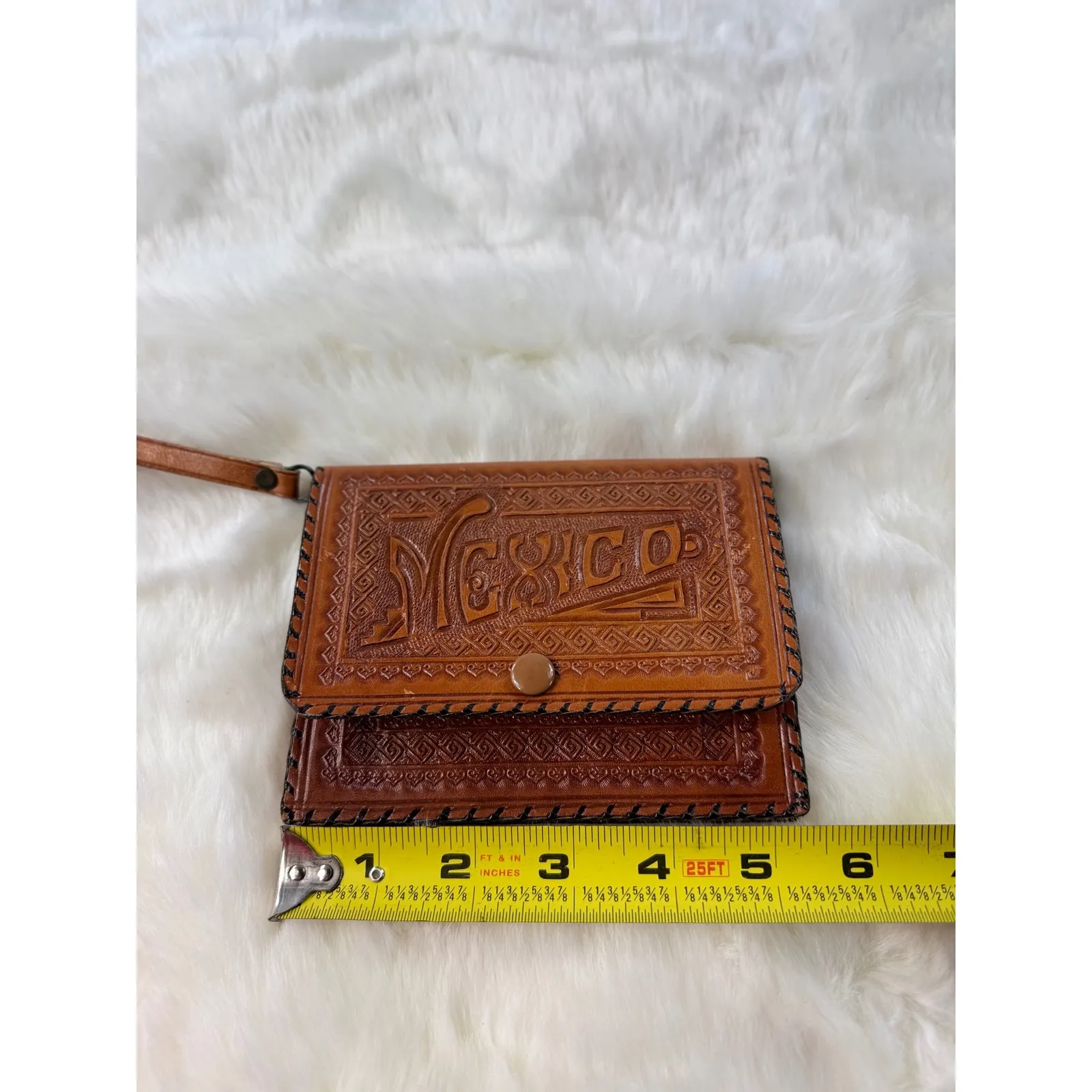 Vintage Tooled Leather Clutch Wallet MEXICO Wrist Strap Brown Snap Closure - Image 7