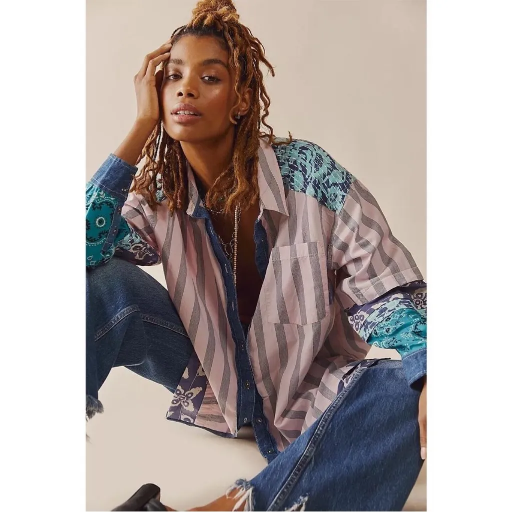 Free People Wild Dunes Printed Oversized Shirt XS - Image 2