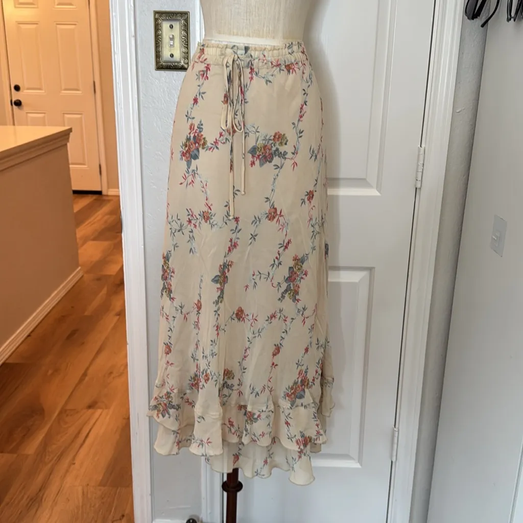 Vintage 90s lace ruffle trim floral midi skirt Pink Size 12 - Image 2