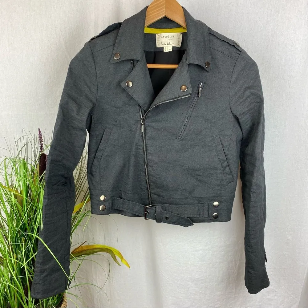Nicole Miller Artelier Gray Cropped Zip Up Moto Jacket P S - Image 2